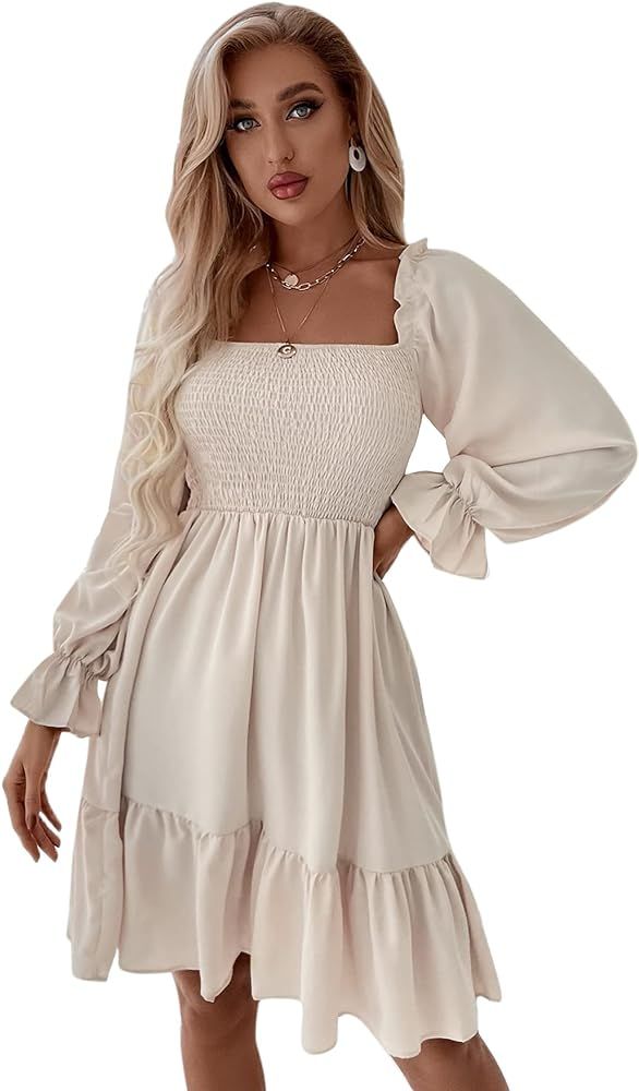 SheIn Women's Shirred Ruffle Long Flounce Sleeve Mini A Line Dress Square Neck High Waist Short Dres | Amazon (US)