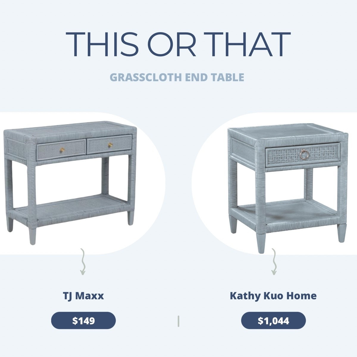 Blue woven table for a steal!! This gorgeous piece can be used as a side table or nightstand. Get the classic coastal look for much less! 

Serena and Lily inspired, woven furniture, rattan, side table, nightstand, end table, grasscloth furniture, look for less home