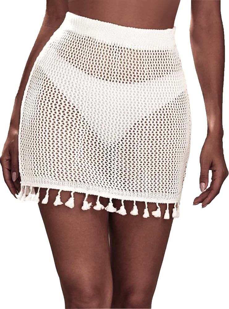 AI'MAGE Women's Crochet Cover Up Skirt Beach Swimwear Elastic Waist Tassel Knit Mini Skirts | Amazon (US)
