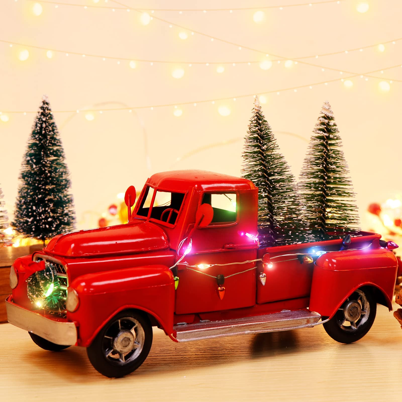 AerWo Christmas Farmhouse Red Truck Decor, LED String Lights Vintage Red Metal Pickup Truck Car M... | Amazon (US)
