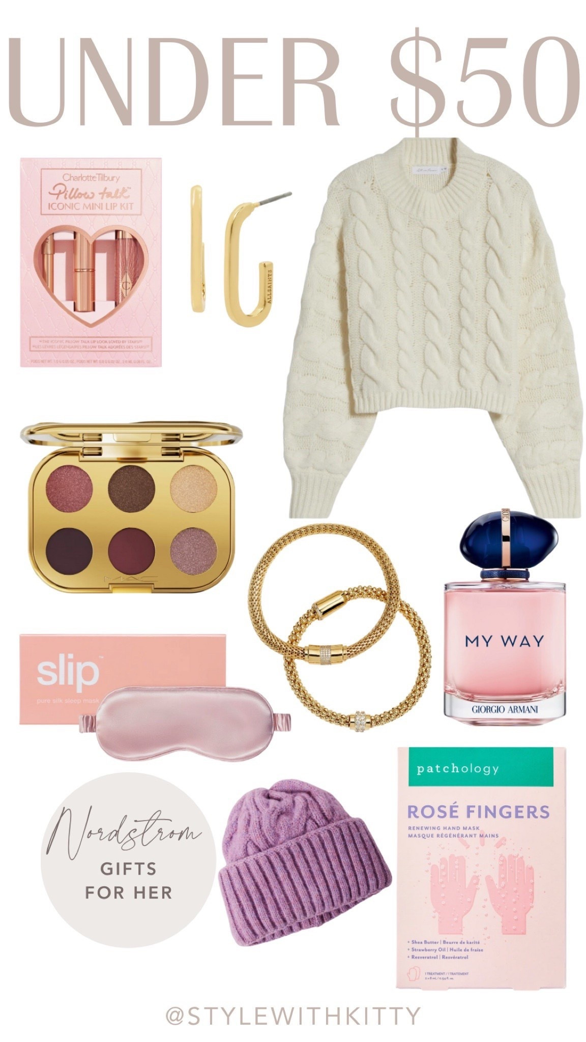 Chic gifts she’ll actually love — all under $50 🎁🤍
This Nordstrom gift guide is full of elevated beauty, cozy staples, and timeless accessories that feel luxe without the splurge. Perfect for holiday gifting, birthdays, or a little self-care moment.

✨ WHAT’S INCLUDED:
• Charlotte Tilbury Pillow Talk mini lip kit
• Gold hoop earrings
• Cozy cable knit sweater
• MAC eyeshadow palette
• Slip silk sleep mask
• Gold bangle bracelets
• Giorgio Armani My Way perfume
• Knit beanie
• Patchology Rosé Fingers hand masks

#stylewithkitty

#NordstromGifts #GiftsForHer #GiftsUnder50 #AffordableLuxury
#CharlotteTilbury #PillowTalk #MACCosmetics #SlipSilk
#ArmaniBeauty #MyWayPerfume #Patchology
#GoldJewelry #CableKnitSweater #CozyWinterStyle
#HolidayGiftGuide #LTKGifts #LTKUnder50


#LTKFindsUnder50 #LTKBeauty #LTKGiftGuide