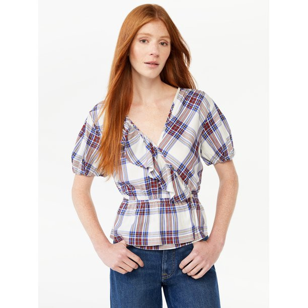 Free Assembly Women's Ruffle Wrap Top with Short Sleeves - Walmart.com | Walmart (US)