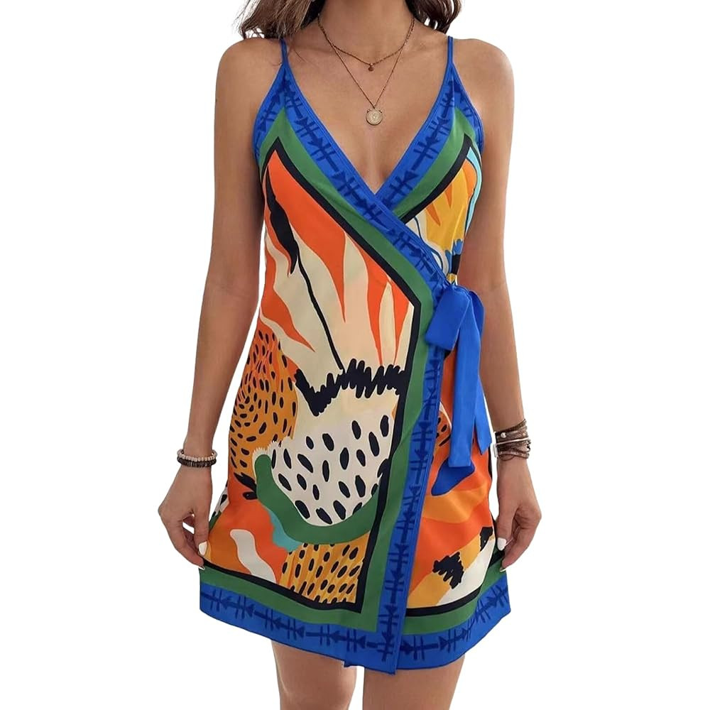 Tropical Floral Mini Dress Boho Beach Vacation Resort Wear Women Rompers Summer Short Sundress Sa... | Amazon (US)