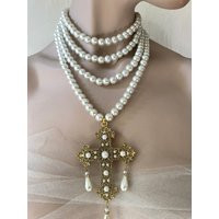 Multi Layer Pearl Necklace With Gold Cross Pendant, Renaissance Style, Crystals & Teardrop Pearls, Elegant Eye Catching Evening Jewelry | Etsy (US)