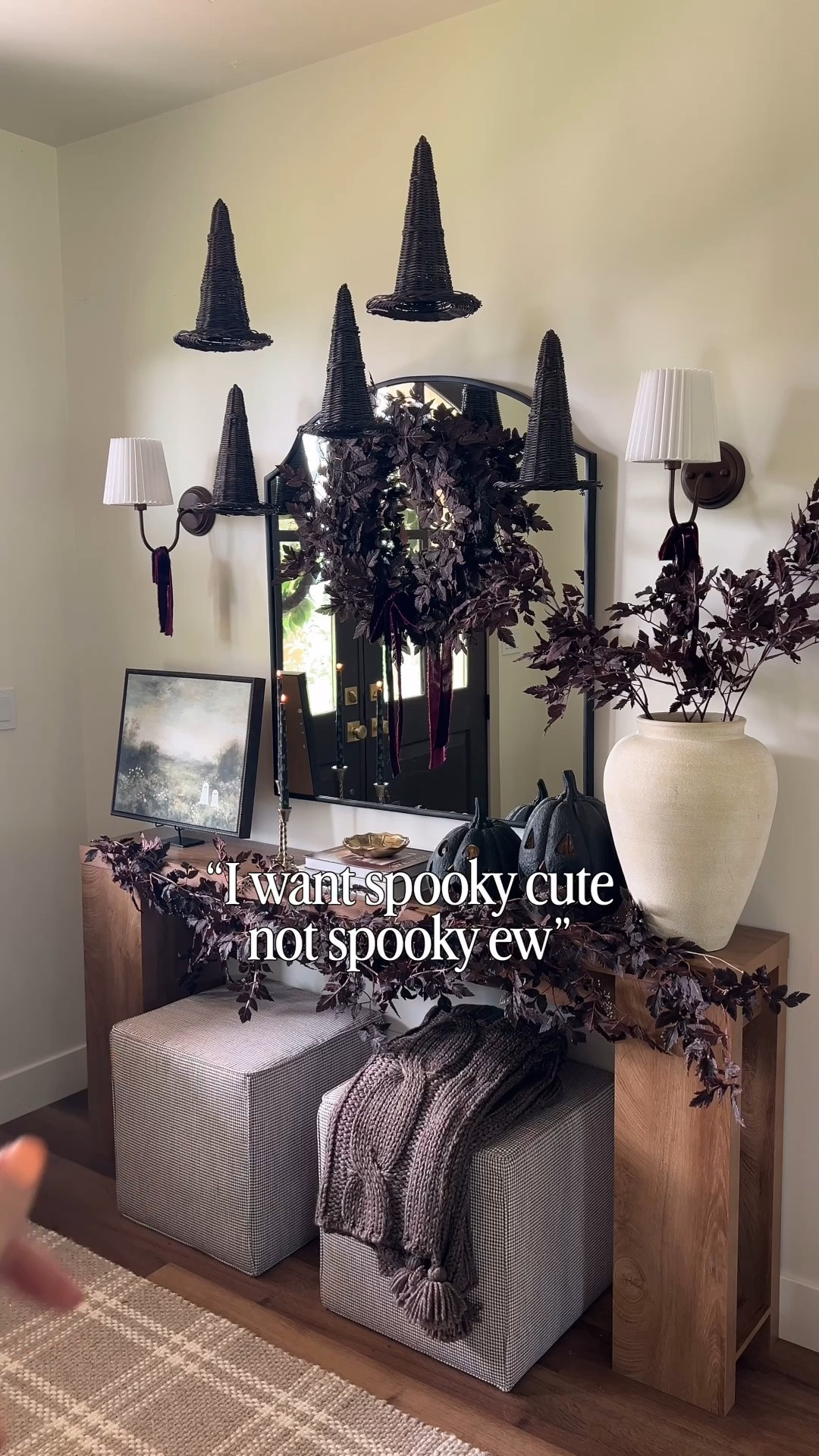Spooky cute console decor!! These hanging witch hats are too cute!!
