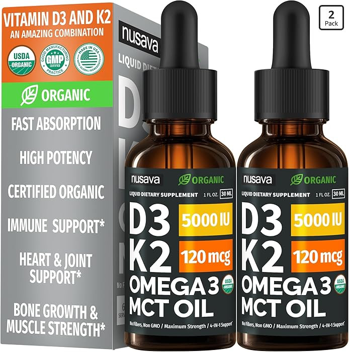 (2 Pack) Organic Vitamin D3 K2 Drops with MCT Oil Omega 3, 5000 IU — Liquid D3, No Fillers, Non... | Amazon (US)