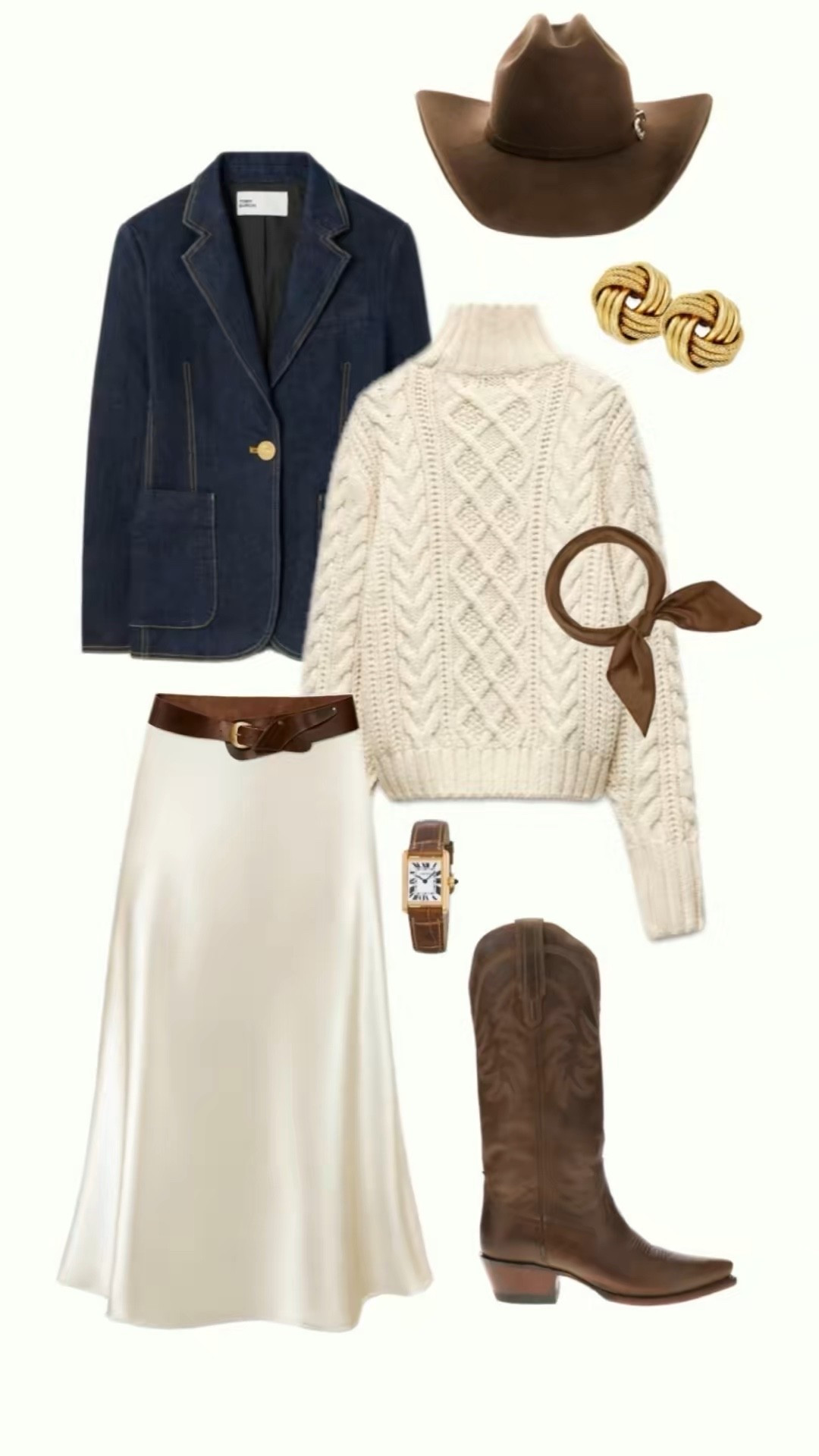 Denim blazer, white midi skirt and brown cowboy boots outfit

Cowgirl style, western chic 