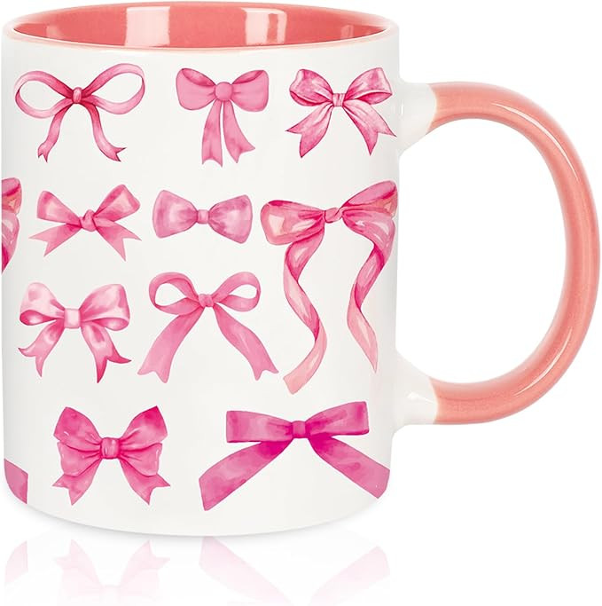 Whaline Pink Bow Mug Watercolor Ribbon Bow Coffee Mug Pink White Ceramic Drinking Mugs for Weddin... | Amazon (US)