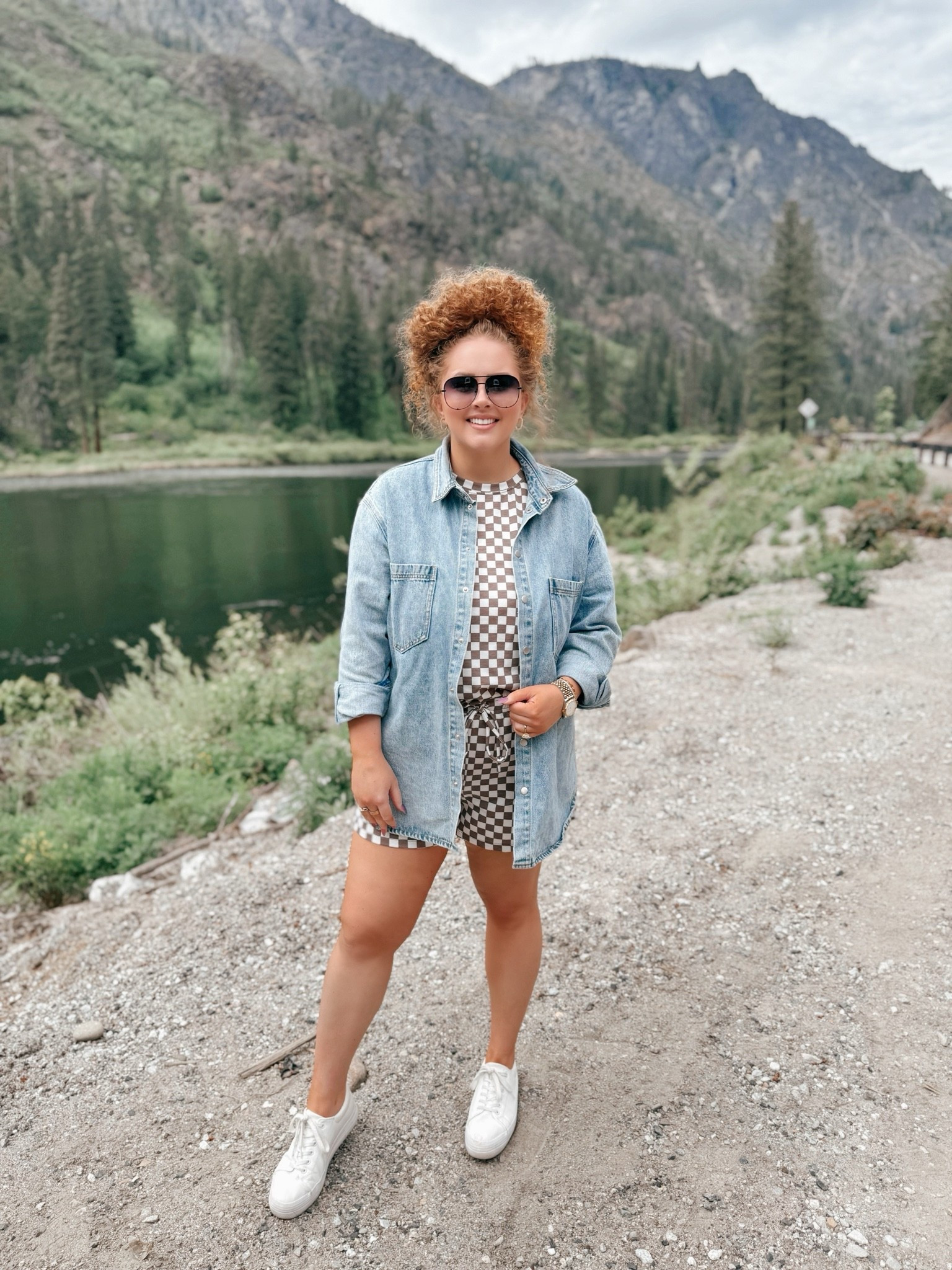 Mountain View’s + lake air + a cozy little outfit moment 🤎🌲 This brown and white checkered set was perfect for a slow day exploring with the oversized denim shacket layered on top when the breeze picked up. Finished it off with white platform sneakers for all the walking in between views ✨ mountain outfit | lake vacation outfit | checkered two piece set | brown and white set | oversized denim shacket | white platform sneakers | travel outfit inspo | casual chic style | mountain town aesthetic | vacation outfit ideas | amazon fashion finds | comfy cute outfit | layered outfit inspo | neutral outfit style | boho casual outfit | weekend getaway outfit | scenic outfit ideas | effortless style | cozy travel outfit | spring summer outfit inspo 🌿

#LTKgrwm #LTKootd #LTKvlog
