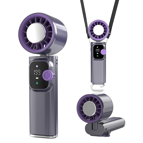 Portable Handheld Turbo Fan with Cooling Plate, 1-199 Speeds Rechargeable Personal Fan, 4000mAh USB-C Neck & Desk Fan with LED Display, 15000 RPM Motor for Travel, Office, Camping（Grey Purple） | Amazon (US)