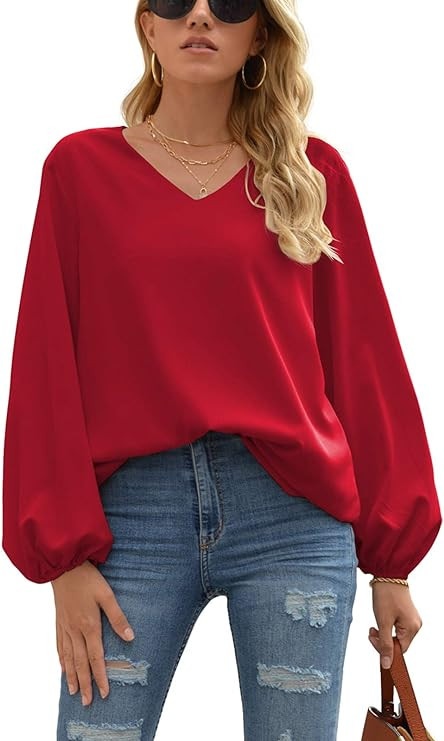 WANGZHI Women's Casual Sweet & Cute Loose Shirt Balloon Sleeve V-Neck Blouse Top | Amazon (US)