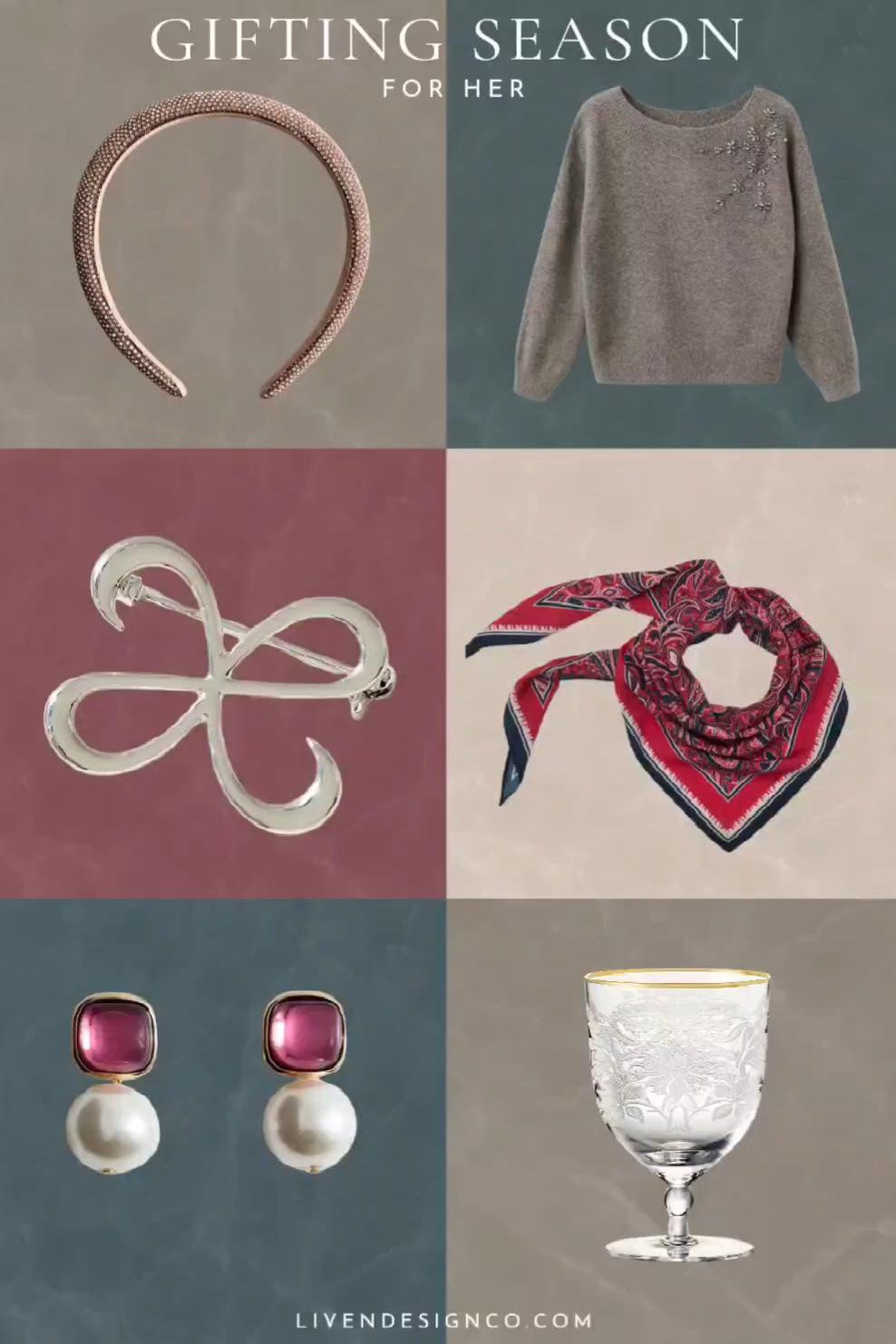 Gift guide for her. Under $75. Under $50; bedazzled headband. Beaded sweater. Brooch. Silk scarf. Satin scarf. Paisley scarf. Goblets. Glassware. Earrings

#LTKHoliday #LTKGiftGuide #LTKFindsUnder100