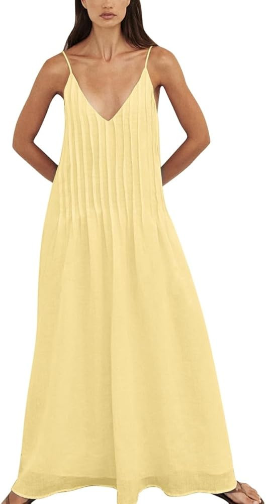 Women's Summer Sleeveless V Neck Spaghetti Strap Sundress Loose Backless Long Casual Beach Vacati... | Amazon (US)