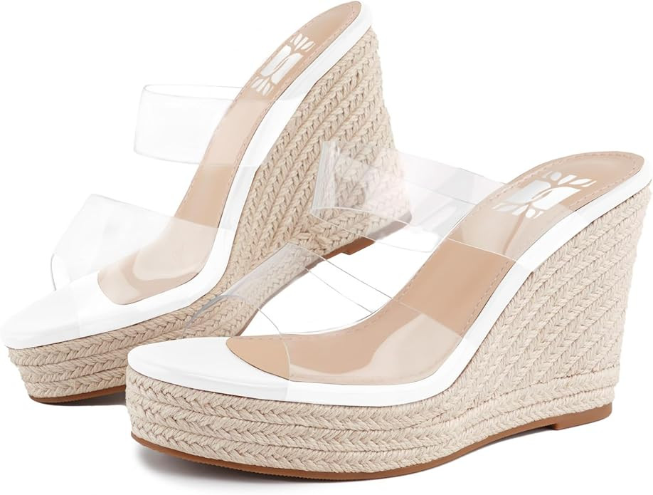 VARECOLA Women Slip On Espadrille Platform Wedge Sandals Slide Open Toe Clear High Heel Sandals | Amazon (US)