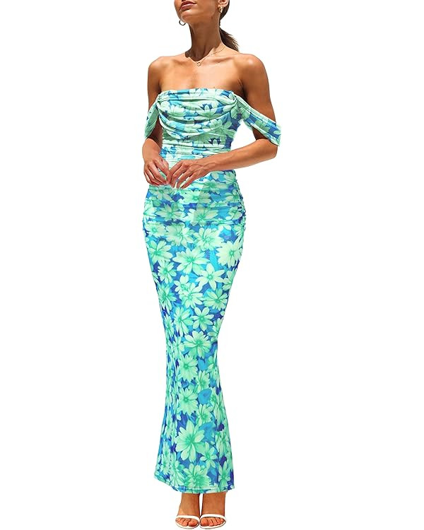 PRETTYGARDEN Women's Ruched Bodycon Maxi Dress 2025 Summer Off Shoulder Floral Mesh Cocktail Part... | Amazon (US)