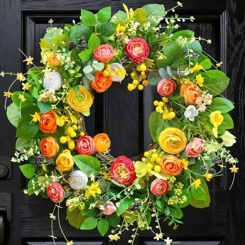 Spring Wreaths for Front Door Outside 24 Inch, Summer Wreath Outdoor with Lotus and Berries, Gree... | Amazon (US)