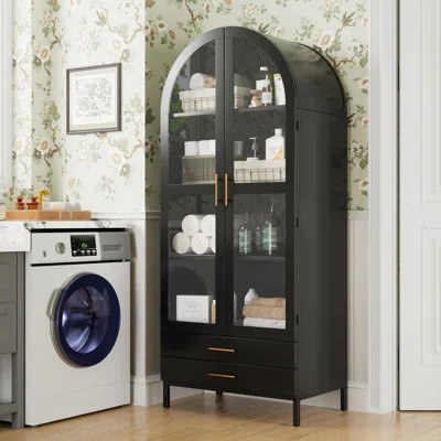 Metal Arched Storage Cabinets, Arched Display Cabinet With Glass Doors,2 Drawers And 2 Adjustable Shelves For Home Living Room, Assemble Required,bla | Wayfair North America