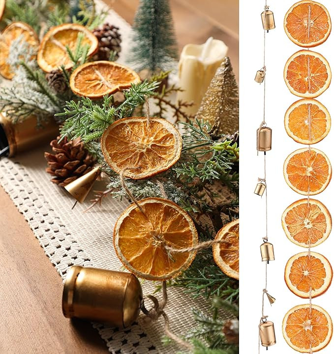 2 PCS Christmas Rustic Garlands Metal Cow Bells Dried Oranges Slice Garland 118 L Fruit Garland w... | Amazon (US)