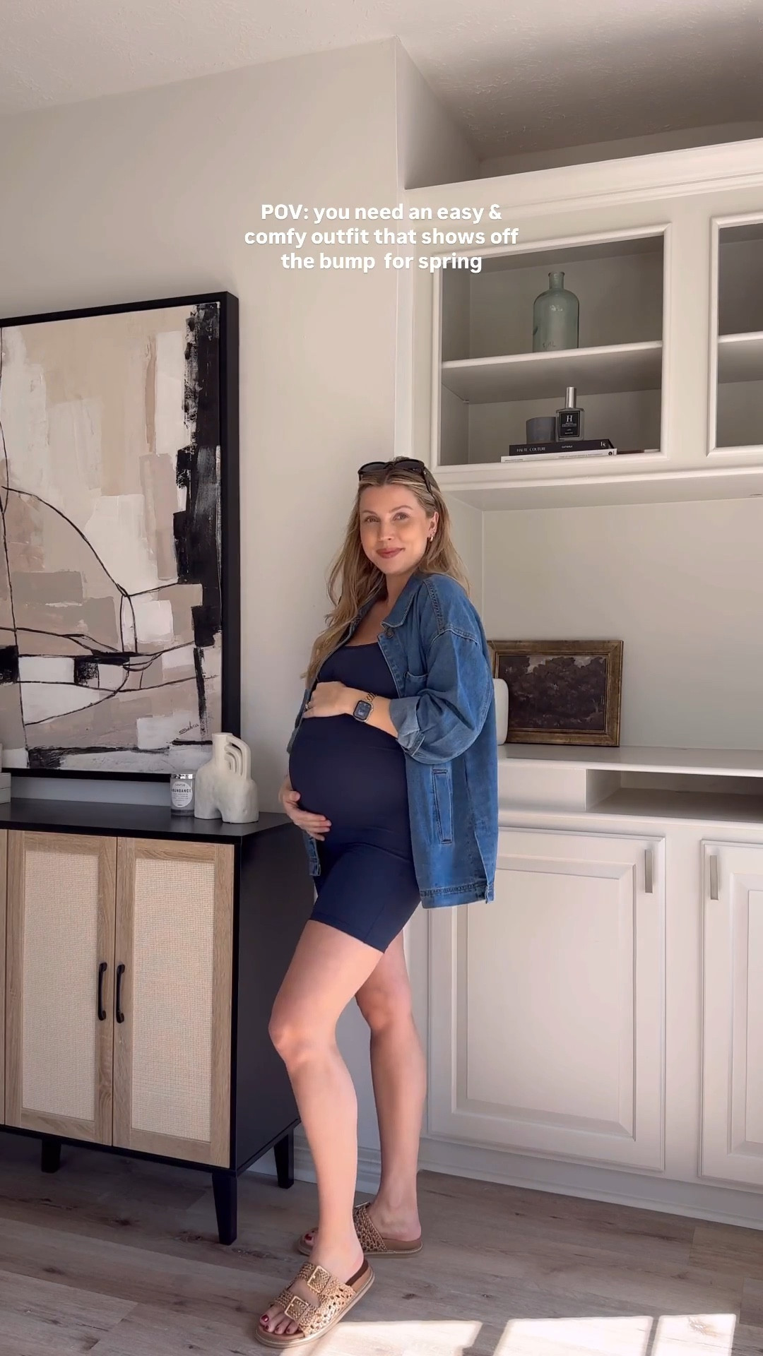 Bump friendly Athleisure outfit | this romper is so comfy and perfect with the bump. Wearing size M in the romper and denim jacket. Sandals fit tts. 

#LTKActive #LTKStyleTip #LTKWatchNow