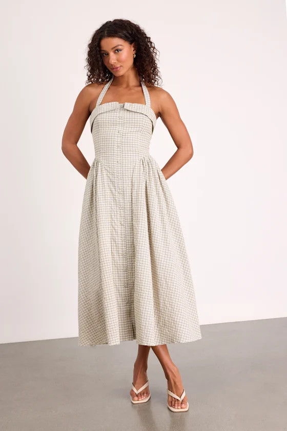 Shirley Cream Plaid Halter Button-Front Midi Dress | spring break outfit | spring break outfits  | Lulus