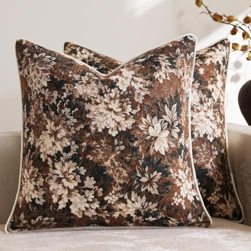 Pack of 2 Vintage Floral Throw Pillow Covers 18x18 Boho Farmhouse Accents Chenille Square Decorat... | Amazon (US)