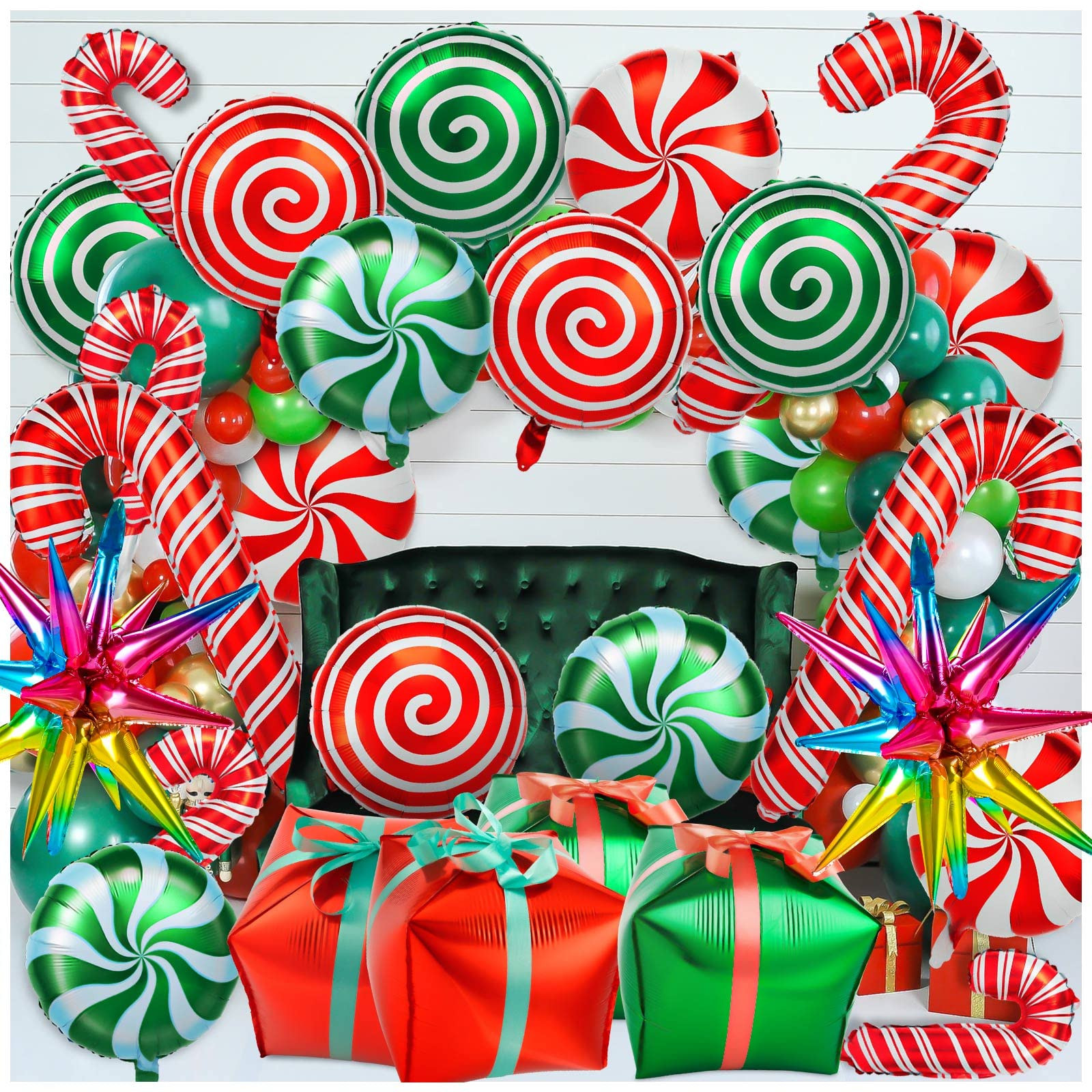 38Pcs Christmas Balloons, Big Red Green Candy Cane Foil Mylar Balloon for Party Decorations | Amazon (US)