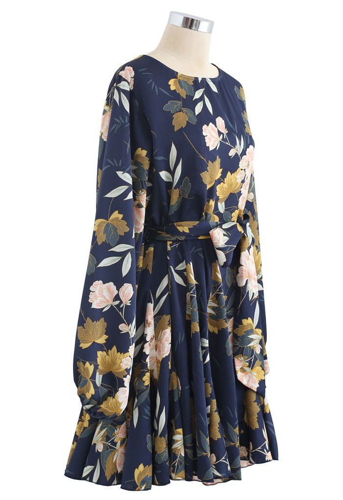 Navy Floral Printed Bubble Sleeves Frilling Dress | Chicwish
