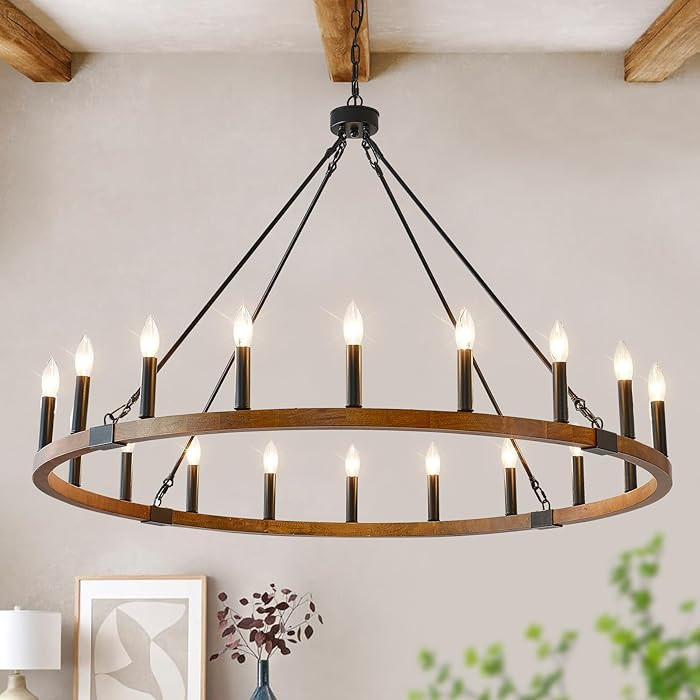 HHR 48 Inch Wood Wagon Wheel Chandelier 20-Light, Large Chandeliers for High Ceilings, Farmhouse ... | Amazon (US)
