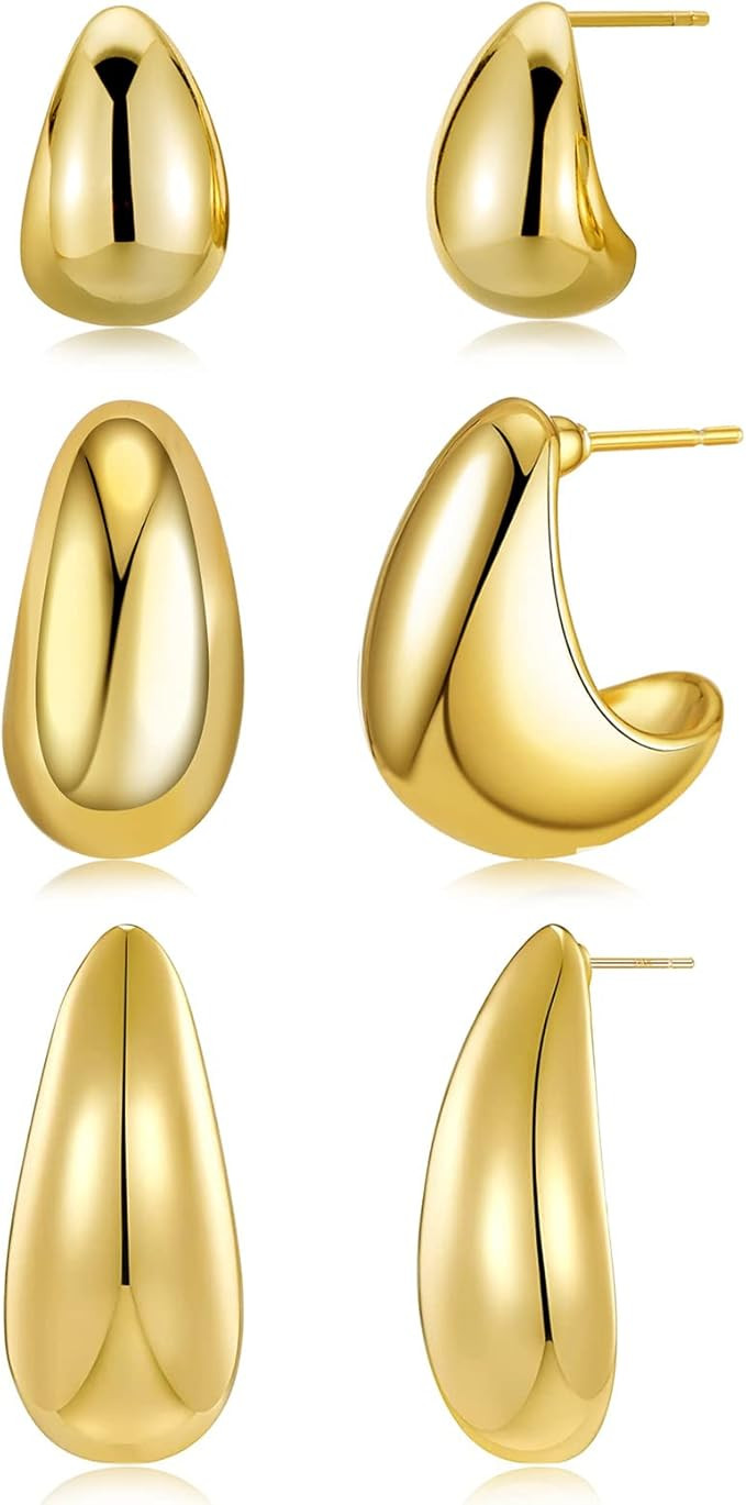 3 Pairs Chunky Waterdrop Earrings for Women Hollow Half Open Huggie Hoops Earring 18K Gold Plated... | Amazon (US)