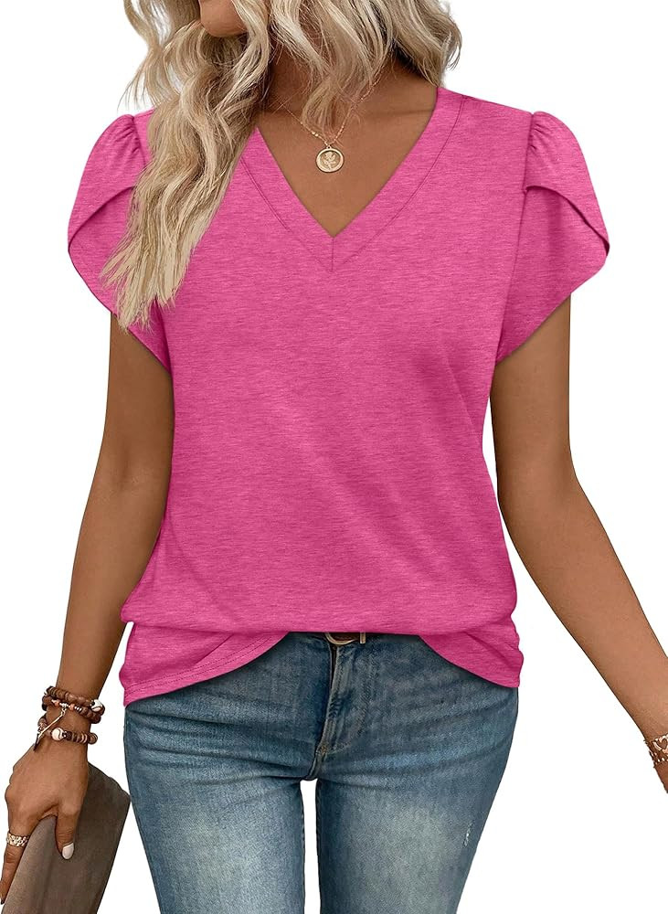 WIHOLL Womens Tops V Neck Summer Petal Sleeve Casual Tshirts | Amazon (US)