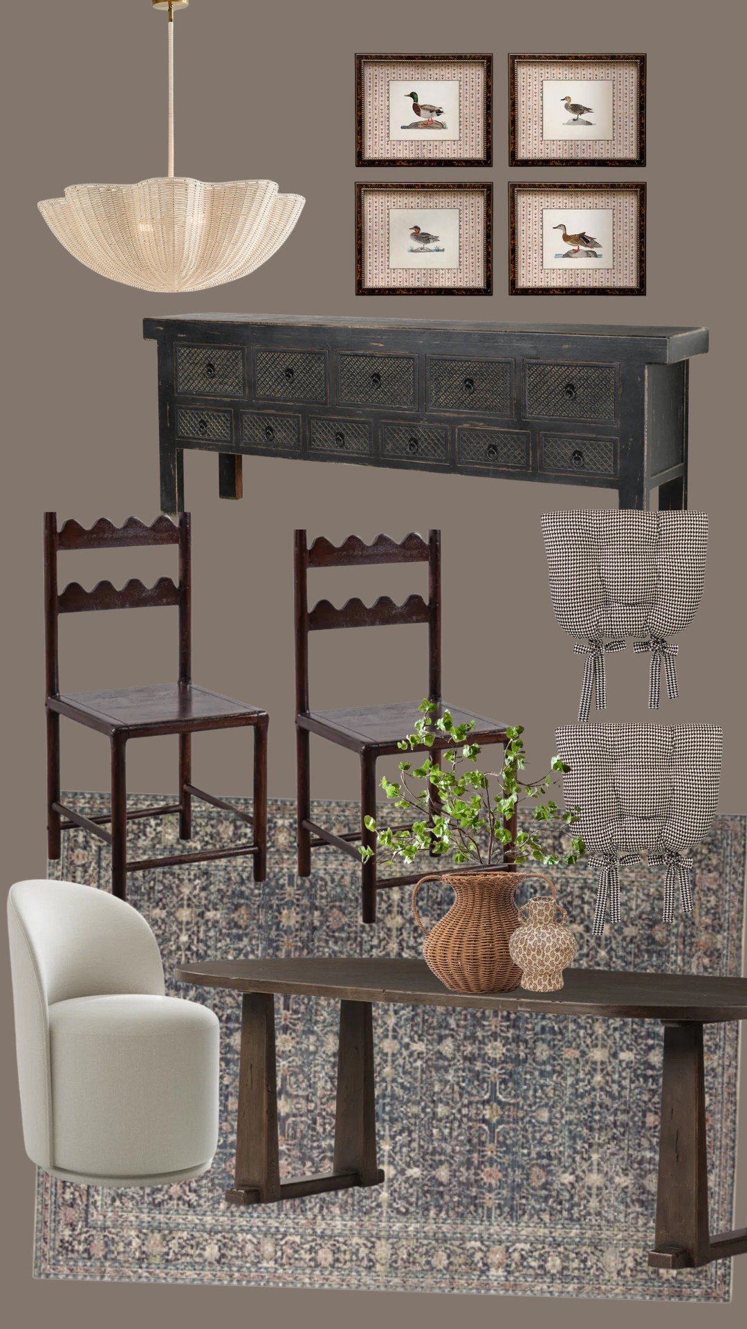 Transitional, warmth, earthy dining room with round captain line chairs & scalloped wooden chair  

#LTKHome