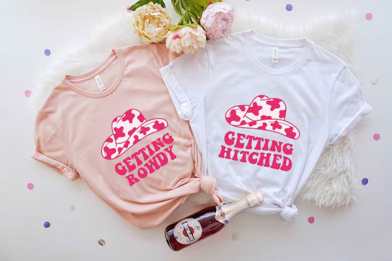 Getting Hitched Getting Rowdy T-Shirt, Bachelorette Party favor Shirt, Bride Shirt, Bachelorette ... | Etsy (US)