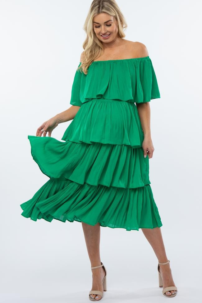 Green Pleated Tiered Off Shoulder Maternity Midi Dress | PinkBlush Maternity