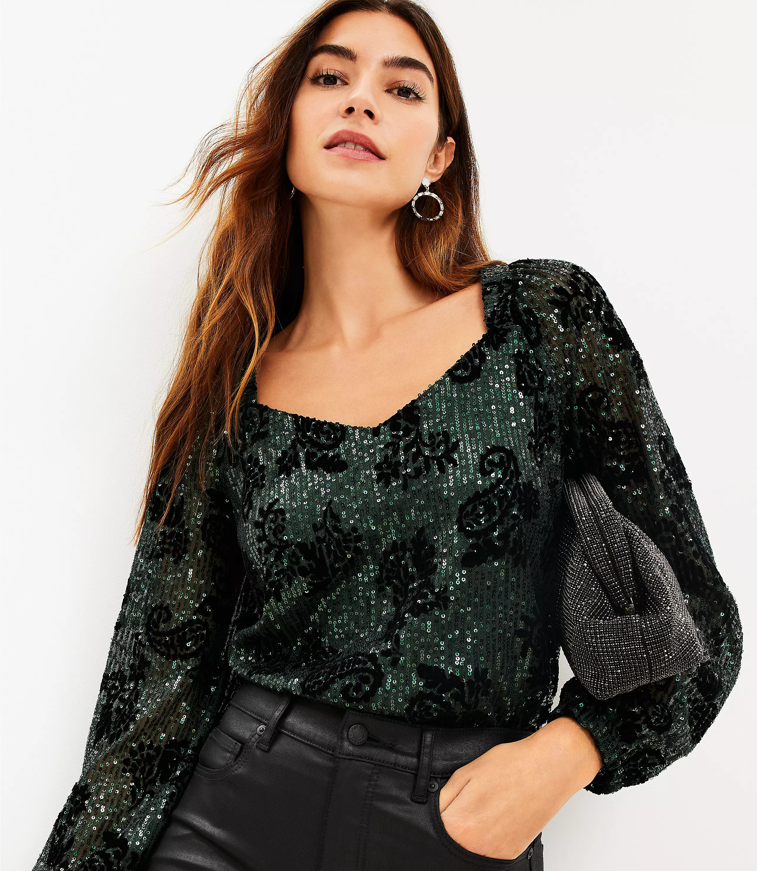Sequin Flocked Sweetheart Neck Blouse | LOFT