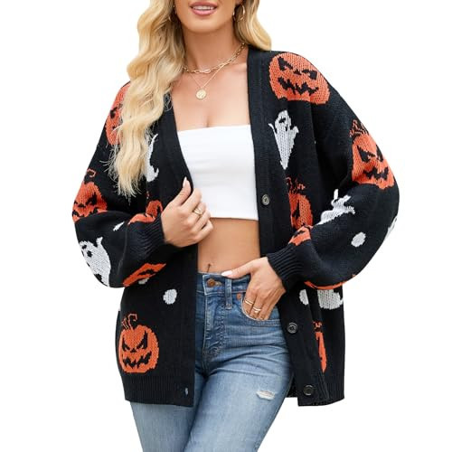 ZLIGXEA Womens Cardigan Sweaters Long Sleeve Halloween Pumpkin Ghost Cardigan V Neck Open Front Knitted Cardigans Coat Black M | Amazon (US)