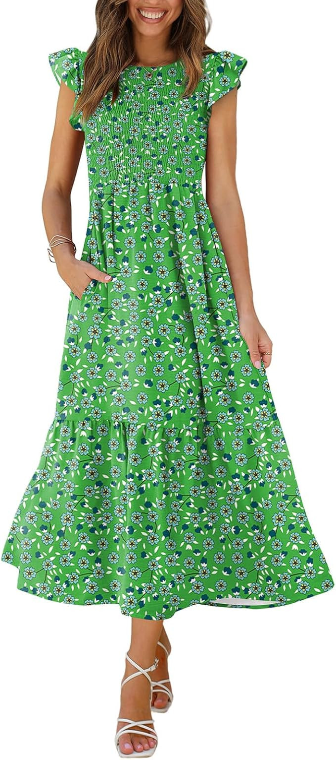 OFEEFAN Women's Casual Maxi Dresses with Pockets Ruffle Sleeve Smocked Dress XS-2XL | Amazon (US)