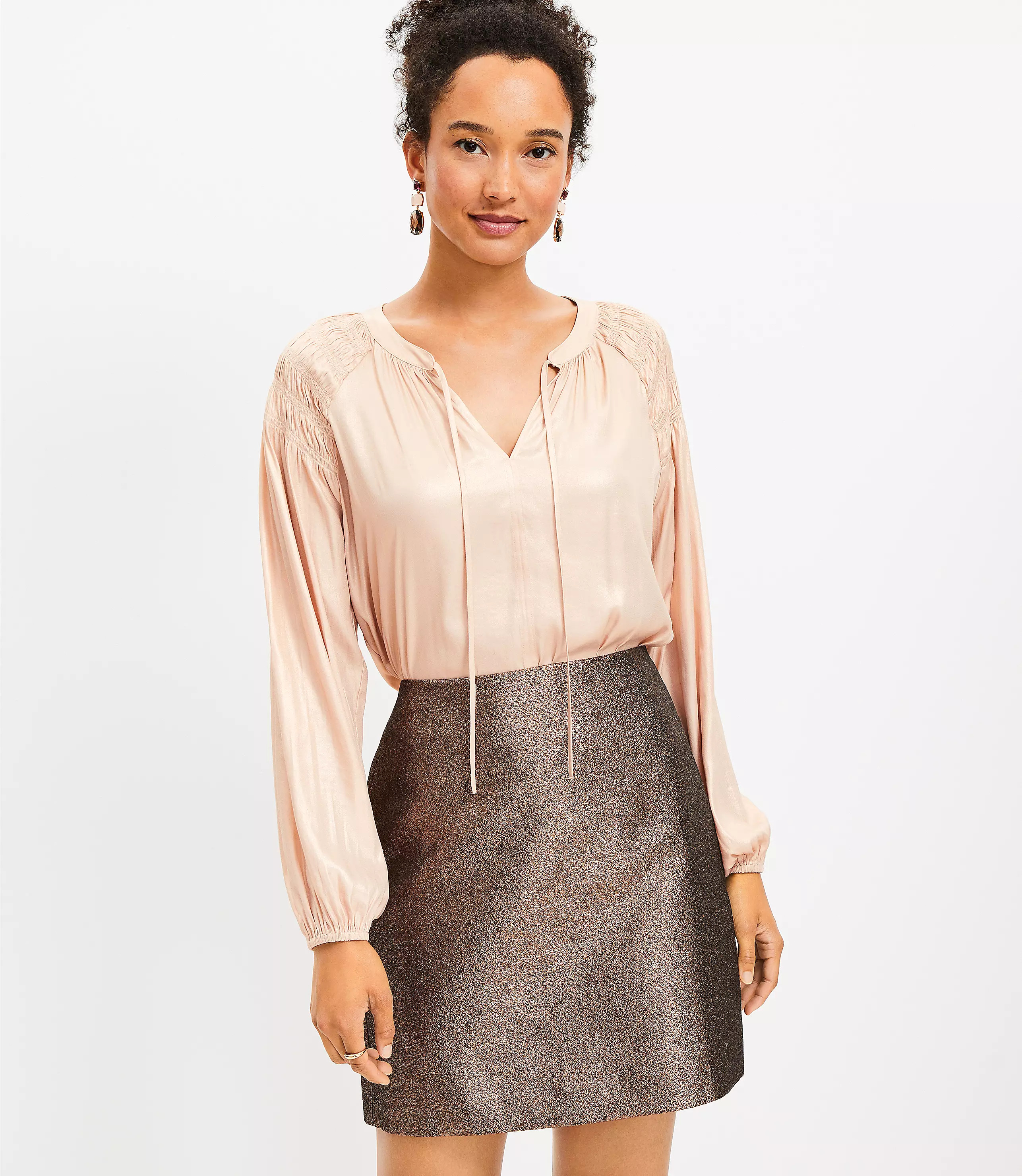Shimmer Smocked Tie Neck Blouse | LOFT