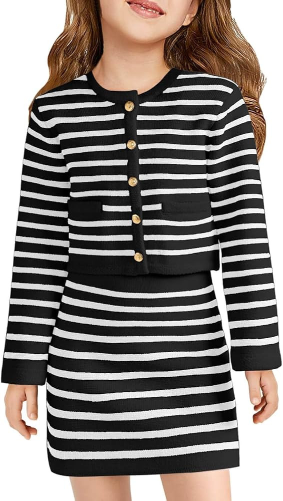 Haloumoning Girls Fall 2 Piece Outfits Striped Button Down Cardigan and Skirt Sets with Pockets 5... | Amazon (US)
