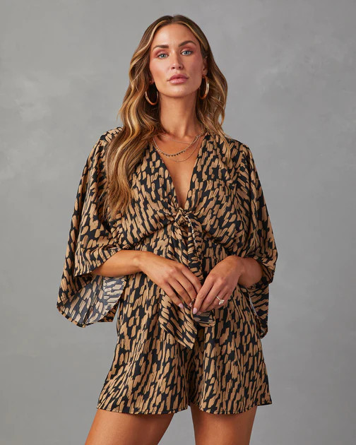 Scratch That Printed Pocketed Tie Romper - Camel | VICI