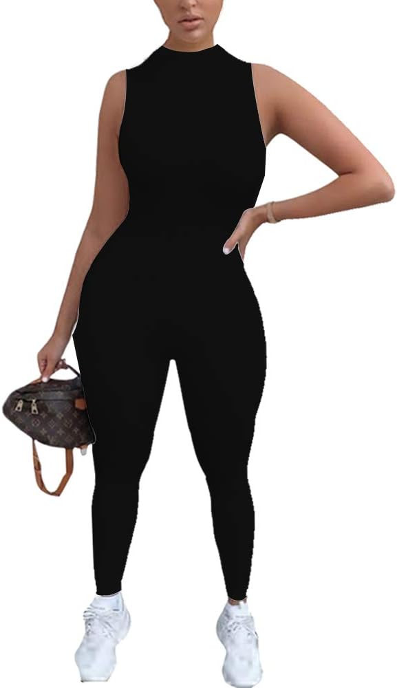 LuFeng Women's Sexy Sleeveless Zipper Bodycon Party Club Long Rompers Jumpsuit | Amazon (US)