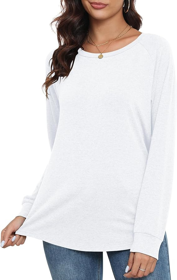 PRIMODA Women's Loose Fit Raglan Long Sleeve Shirts Round Neck Tunic Tops Curved Hem Long T Shirt | Amazon (US)
