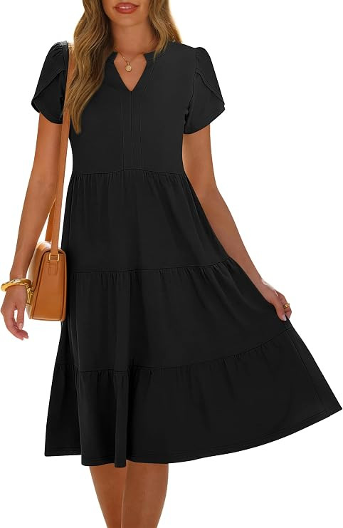 ANRABESS Womens Summer Causal Dresses V Neck Short Sleeve Midi Dress 2026 Flowy Tiered Boho Beach... | Amazon (US)