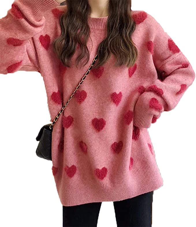 CORIRESHA Women's Casual Crewneck Comfy Fuzzy Hearts Knit Sweater Pullover | Amazon (US)