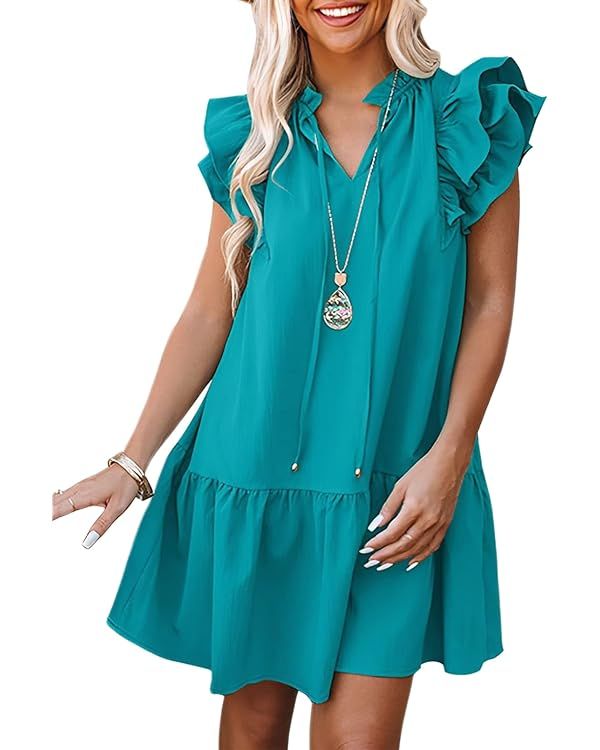 Dokotoo Womens 2024 Summer V-Neck Drawstring Ruffle Cap Short Sleeve Side Pockets Mini Dress Sund... | Amazon (US)