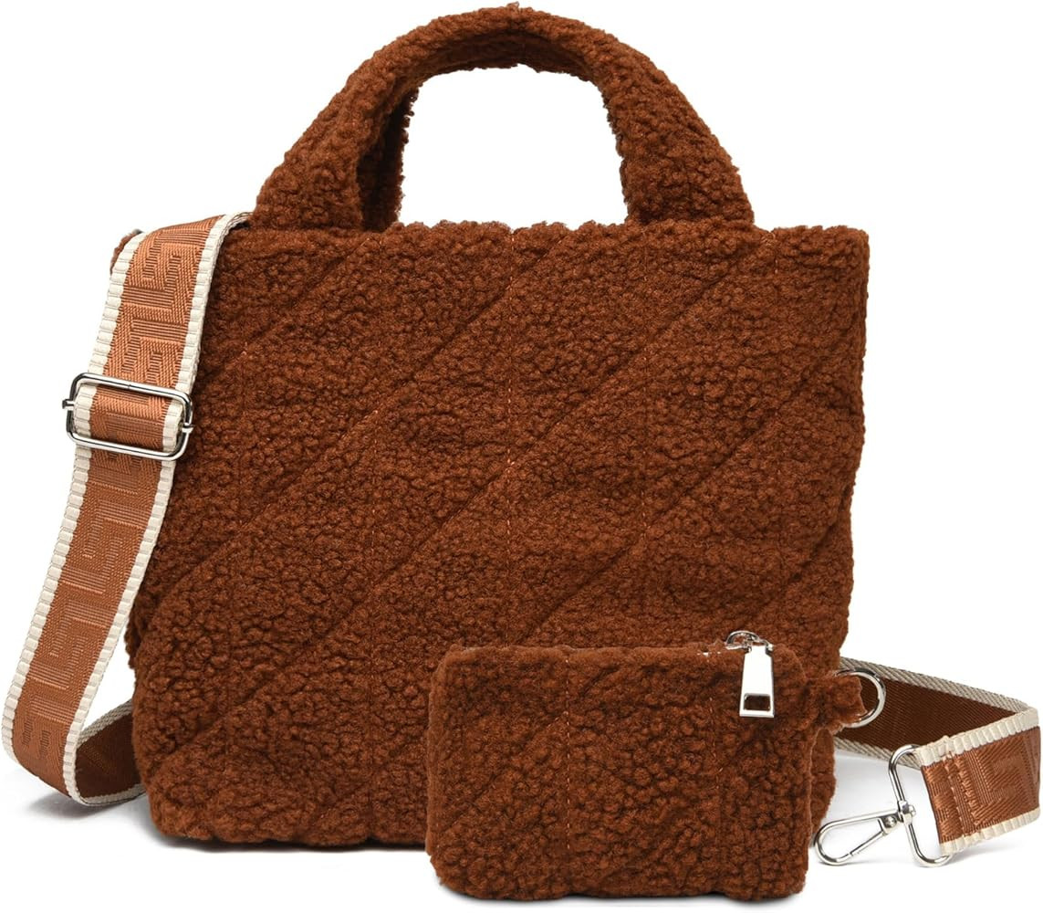 MYHOZEE Small Sherpa Tote Bag, Flurry Crossbody Bags for Women Quilted Fleece Purse Fuzzy Plush W... | Amazon (US)