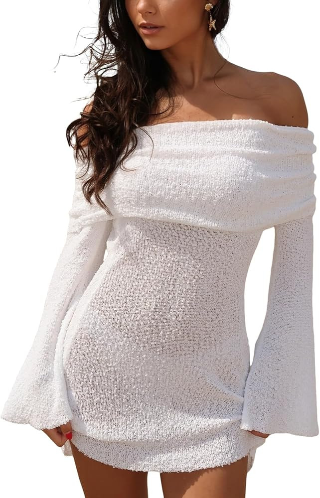 Unybwonn Women's Off Shoulder Mini Short Dress Bodycon Long Sleeve Crochet Sexy Going Out Mesh El... | Amazon (US)