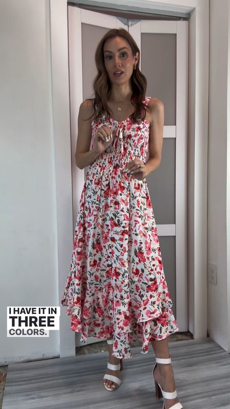 Promo code: 05KT7MIS for a discount on the dress making it under $34!! This floral dress is a top seller on Amazon and I have it in three colors so I’m a part of the problem 😆. It’s so cute and comfy! The scraps are adjustable via buttons on the back, it has ruching all around the middle for comfort, and it’s lined to the knee. I love the thicker shoulder straps and the layered ruffle at the bottom. The drawstring at the top is just for decoration. I’m wearing a small. If in between sizes, you can size down. Great for wedding guest dress, brunch, dressy day events, date night, baby girl shower, etc. 

#LTKParties #LTKFindsUnder50 #LTKVideo