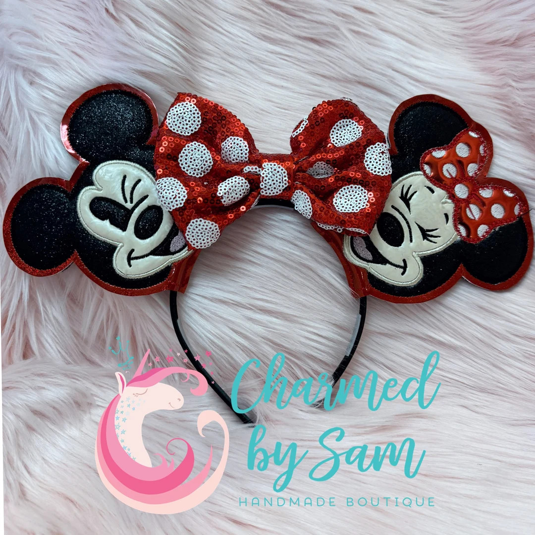 Glitter Mr. and Ms. Mouse Mickey Minnie Inspired Mouse Ears Headband, Metallic Ears, Glitter Bow,... | Etsy (US)