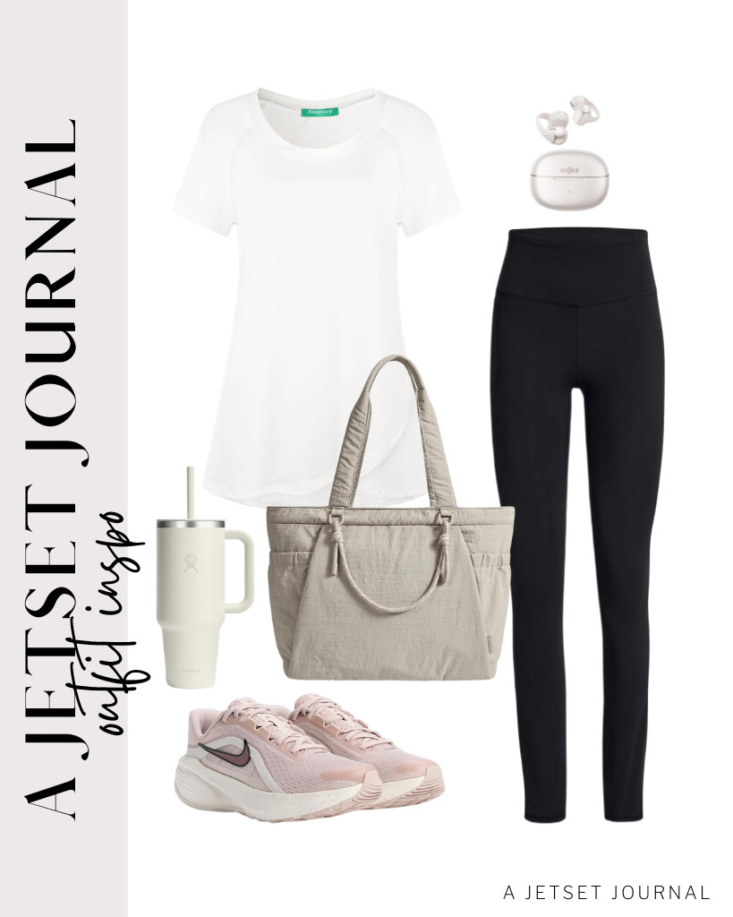 This white Kimmery irregular hem shirt pairs perfectly with SINOPHANT high-waisted leggings. For your footwear, wear Nike Downshifter sneakers, and grab your BAGSMART tote bag to complete the outfit. 

#LTKSeasonal #LTKSaleAlert #LTKTravel
 

 