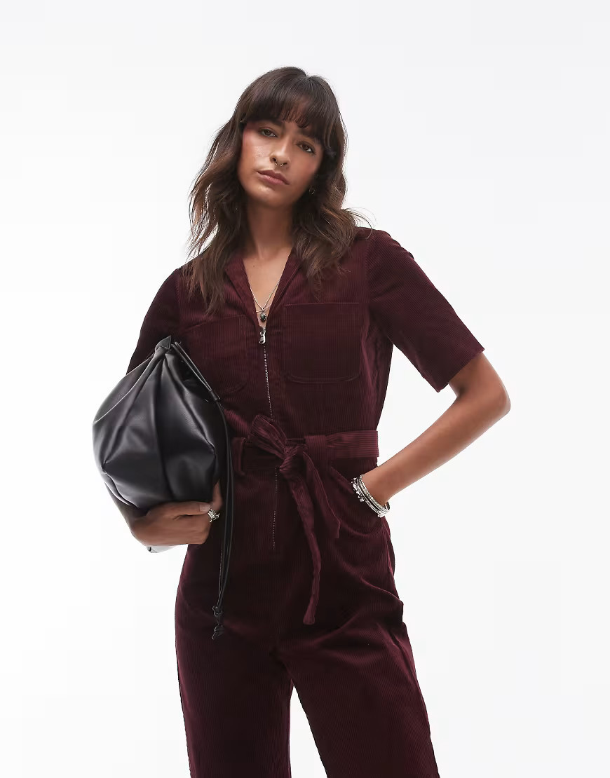 & Other Stories belted corduroy jumpsuit in burgundy-Red | ASOS (Global)